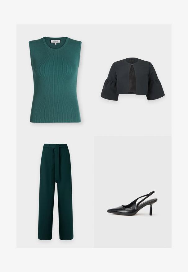 Veste noire courte avec encolure ronde, larges manches cloche trois-quarts et petite fermeture à clip au centre avant.; Haut sans manches en maille côtelée couleur bleu sarcelle foncé avec un col rond et une silhouette ajustée.; Pantalon vert à coupe large, avec passants de ceinture, ceinture en tissu nouée et texture lisse ; présente une taille haute et aucun motif visible.; Chaussure à talon haut en cuir noir, à bride arrière, avec un bout pointu et un talon fin sur fond blanc.