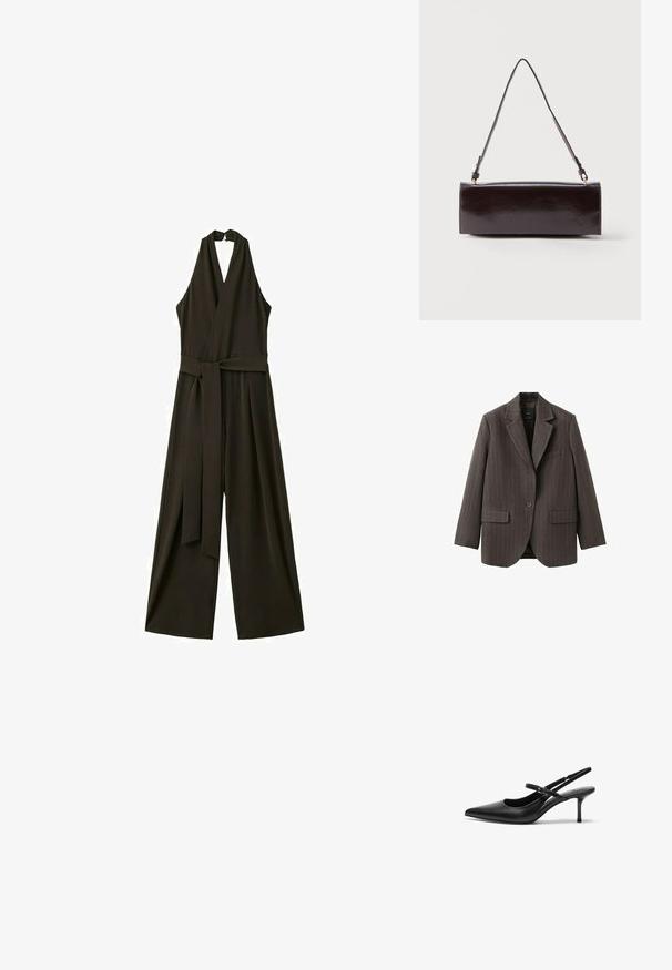 Veste marron foncé à un bouton avec fines rayures claires, col à revers cranté, poches à rabat et poche poitrine passepoilée, présentée sur fond blanc.; Combinaison noire sans manches à col licou avec pantalons larges et ceinture en tissu à la taille.; Talons aiguilles noires en cuir avec un bout pointu, une fine bride réglable, et un talon aiguille d'environ 5 cm, texture lisse.; Sac à main rectangulaire en cuir noir avec une longue bandoulière unique et une finition brillante, présenté sur un fond blanc uni.
