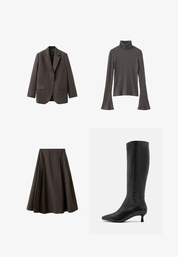 Donkerbruine blazer met één knoop en lichte krijtstreep, voorzien van ingesneden revers, klepzakken en een borstzak, getoond tegen een witte achtergrond.; Donkergrijze geribbelde coltrui met lange uitlopende mouwen en een semi-getailleerd ontwerp, gemaakt van zachte, rekbare stof.; Zwarte A-lijn rok met hoge taille en uitlopende zoom, gemaakt van gladde stof, getoond tegen een witte achtergrond.; Zign by Zalando Laarzen - black