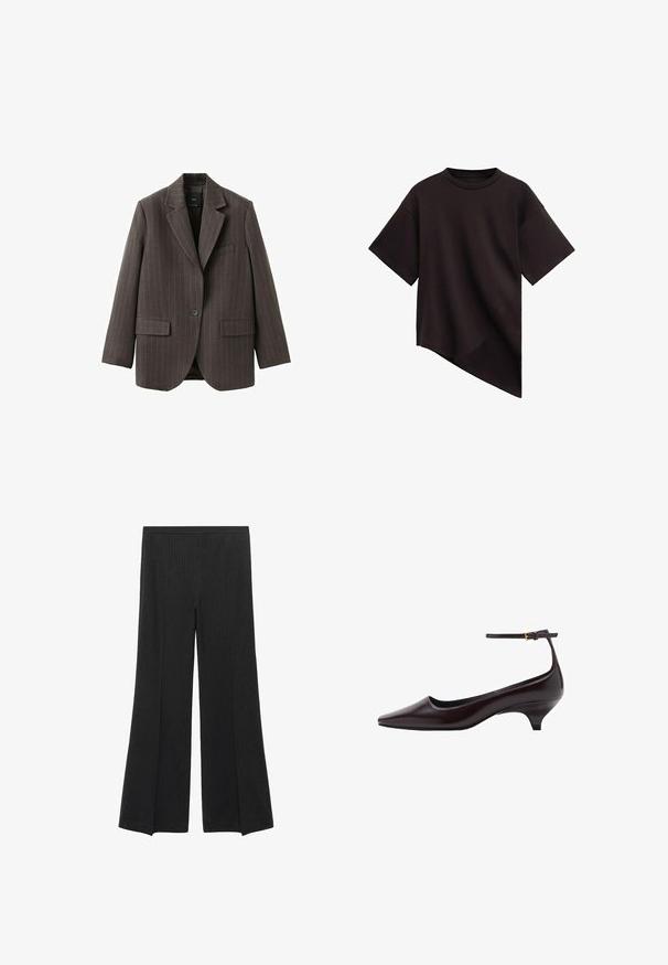 Mørkebrun enkeltknappet blazer med lyse nålestriber, hakkede reverser, lommer med klap og en brystlomme med paspol, vist på hvid baggrund.; Sort T-shirt med korte ærmer, rund hals og asymmetisk kant, der skråner diagonalt fra venstre mod højre.; Sorte brede bukser med diskrete lodrette striber og elastisk talje, præsenteret fladt på en hvid baggrund.; Mørkebrune spidse læder kitten heel sko med en tynd ankelrem og en lille guldbeslag.