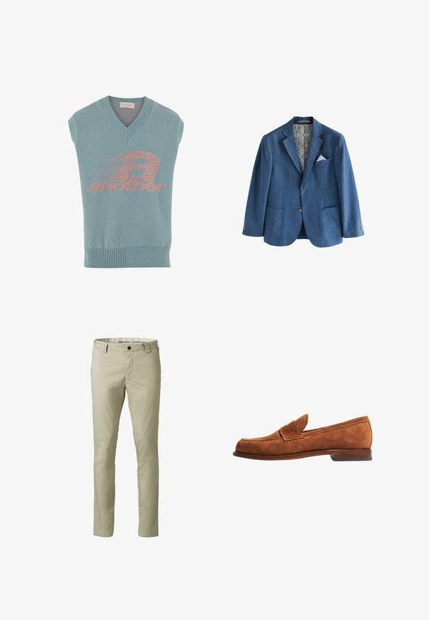 Blauwe blazer van textuurstof, met een patroon aan de binnenvoering en een zakdoek. Beschikt over twee voorkruisen en knopenaccenten.; Lichtblauwe mouwloze gebreide vest met een V-hals, voorzien van een roze grafisch ontwerp met het woord "another" en een snelheidsmotief. Geribbelde zoom.; Lichtbeige broeken van gladde stof, met een slim fit ontwerp, riemlussen en een klassieke rits met knoopsluiting.; Bruine suède instapper met een lage profiel, iets verhoogde hak en decoratieve stiksels op de bovenkant. Gladde textuur met een klassiek ontwerp.