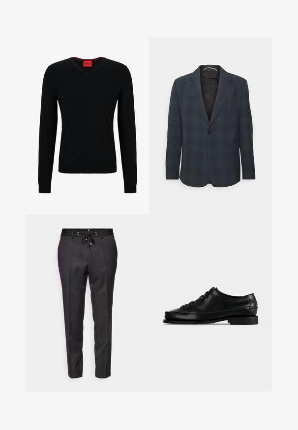 DRYKORN KEBY - Veste de costume - dark blue/green; HUGO SAN VREDO - Pullover - black; Pantalons noirs ajustés avec une taille à cordon, devant plissé et ourlets à revers. Fabriqués en tissu lisse avec une coupe structurée.; Chaussure habillée noire en cuir à lacets, talon bas et coutures moc toe, vue de profil gauche sur fond uni.