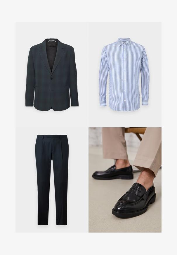 DRYKORN KEBY - Veste de costume - dark blue/green; Chemise à rayures bleues et blanches, à boutonnage avec col, manches longues et ourlet droit. Tissu doux et coupe classique.; Pantalon noir sur mesure en tissu lisse, présentant un design slim fit, deux plis avant et une taille plate sans matériel visible.; Mocassins en cuir noir avec une finition lisse, ornés d'une sangle décorative et de coutures contrastées, associés à un pantalon beige.