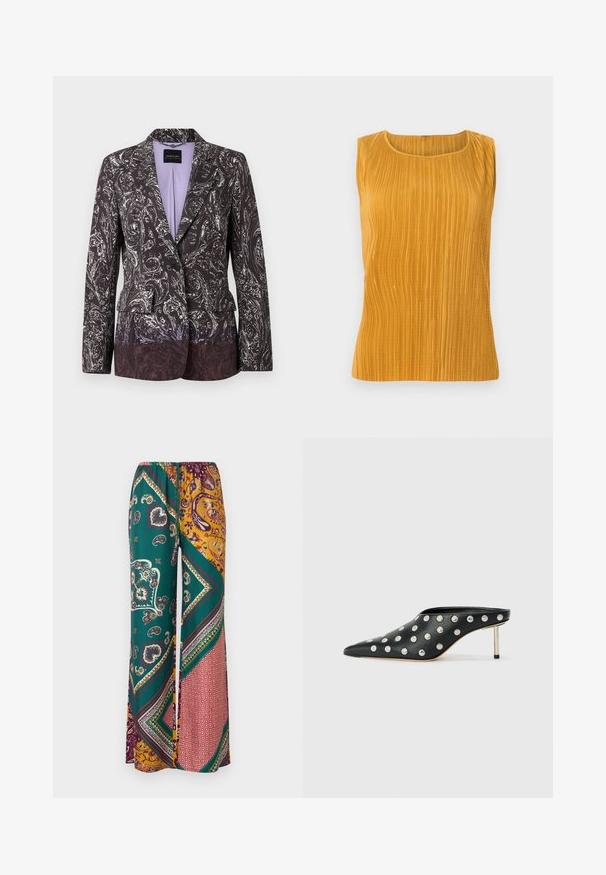 Blazer cintré pour femme avec motif paisley noir et blanc complexe, fermeture à un bouton et doublure intérieure lavande.; Haut sans manches jaune moutarde avec des plis verticaux, col rond et texture lisse. Design simple sans embellissements supplémentaires.; Pantalon large ample avec un imprimé patchwork paisley et géométrique en vert, moutarde, bordeaux et rouge, doté d'une taille élastique et d'un cordon de serrage.; STAND STUDIO KELSEY - Mules à talons - black