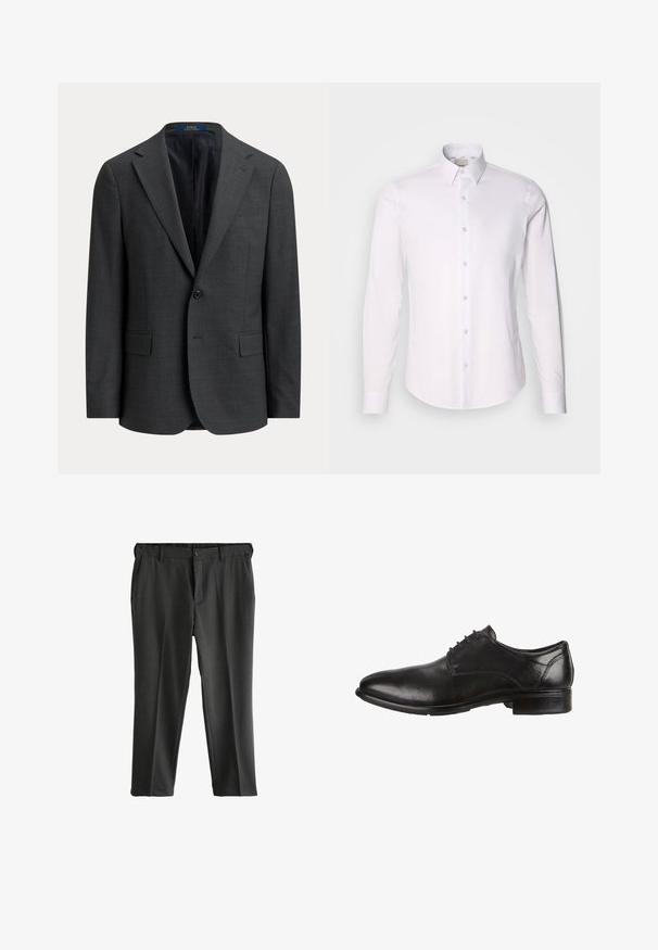 Blazer gris foncé à un bouton avec revers crantés, poches à rabat et doublure intérieure noire, présenté sur fond uni.; Chemise blanche à manches longues en tissu lisse avec un col boutonné, présentant un plastron entièrement boutonné et un ourlet arrondi.; Pantalons gris ajustés avec un devant plat, deux poches latérales et une fermeture à bouton. Tissu lisse avec une texture subtile et des plis marqués.; Chaussure habillée en cuir noir avec une finition lisse, un bout rond, un laçage et un talon bas empilé. Accents de couture subtils visibles.