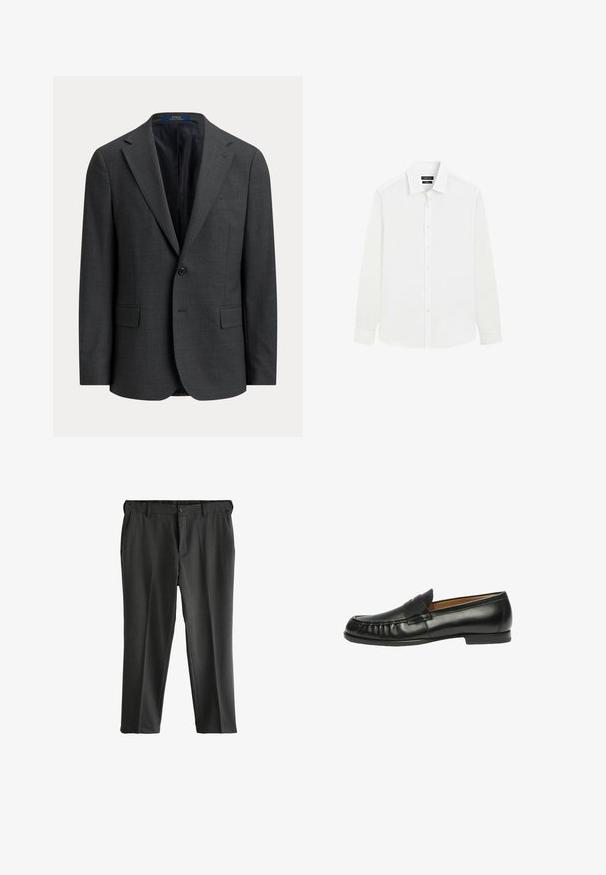 Enkeltknappet mørkegrå blazer med slag, klaplomme og sort foer, vist på ensfarvet baggrund.; Herre skjorte med lange ærmer i hvid med knaplukning foran og klassisk krave, vist på en ensfarvet hvid baggrund.; Grå skræddersyede bukser med flad front, to sidelommer og knaplukning. Glat stof med en subtil tekstur og pressede folder.; Scarosso FRED - Loafers - black calf