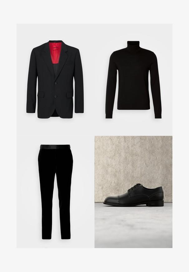 Čierny blazer vyrobený z hladkej tkaniny, s červenou podšívkou, dvoma prednými vreckami a dvoma gombíkmi. Klopové reverzy pridávajú štruktúrovaný detail.; Čierny rolák vyrobený z jemnej pleteniny, s dlhými rukávmi a priliehavým strihom. Hladká textúra s rebrovanými manžetami.; Čierne zamatové nohavice s upraveným strihom, hladkou textúrou a zodpovedajúcim pásom. Obsahujú rovné nohy a bočné vrecká.; Čierna kožená spoločenská obuv s hladkým povrchom, zaoblenou špičkou a dekoratívnymi perforáciami. Má päť očiek na šnúrky a plochú podrážku.