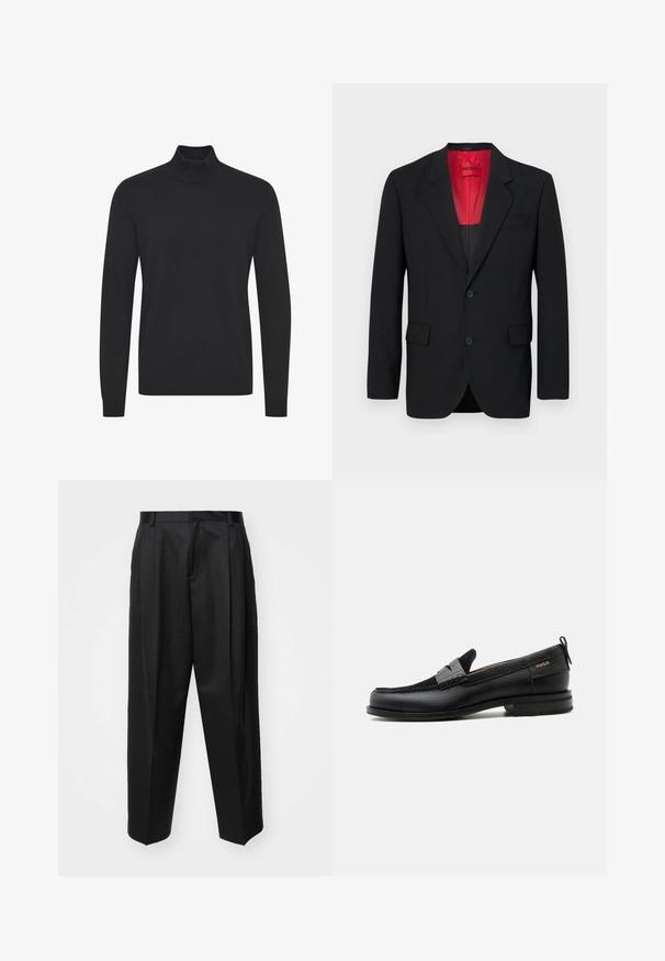 Čierny blazer vyrobený z hladkej tkaniny, s červenou podšívkou, dvoma prednými vreckami a dvoma gombíkmi. Klopové reverzy pridávajú štruktúrovaný detail.; Čierny rolák vyrobený z hladkého materiálu, ktorý má dlhé rukávy a rebrované manžety a lem. Jednoduchý, neozdobený dizajn.; Čierne stiahnuté nohavice s vysokým pásom, širokými nohavicami a ostrými záhybmi. Vyrobené z hladkej látky s pútkami na opasok a bez viditeľných kovových prvkov.; Čierny kožený mokasín so sivým remienkom, nízkym podpätkom a textúrovanou podrážkou, so značkou "HUGO" v zlatej farbe na boku.