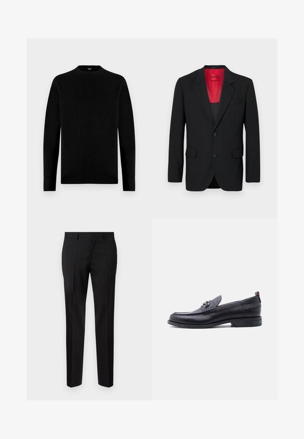 Sort blazer lavet af glat stof, der har en rød foring, to frontlommer og to knapper. Klippede slag tilføjer struktureret detalje.; Sort langærmet trøje med rund hals og et enkelt, ensfarvet design samt et lille mærke indeni kraven.; Sorte skræddersyede bukser lavet af glat stof, med lige ben, raffinerede folder og en klassisk talje med bæltestropper.; Sort lædermokasin med grå tekstureret forfod, sølvfarvet metalspænde, lav hæl og trækflap bagpå.