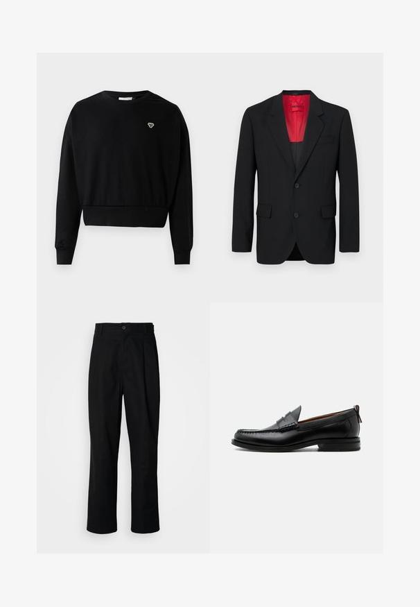 Čierny blazer vyrobený z hladkej tkaniny, s červenou podšívkou, dvoma prednými vreckami a dvoma gombíkmi. Klopové reverzy pridávajú štruktúrovaný detail.; Čierny skrátený sveter s okrúhlym výstrihom, dlhými rukávmi a malým vyšitým logom na hrudi, vyrobený z mäkkej zmesi bavlny.; Čierne nohavice s rovnými nohavicami, s gombíkovým pásom, pútkami na opasok a predným záhybom, vystavené na jednoduchej bielej pozadí.; Čierny kožený pánsky mokasín s prešitím moc toe, penny remienkom, textúrovaným golierom a nízkym vrstveným podpätkom na bielom pozadí.