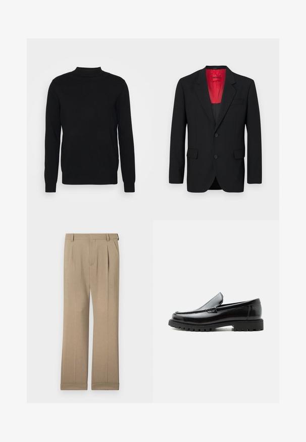 Čierny blazer vyrobený z hladkej tkaniny, s červenou podšívkou, dvoma prednými vreckami a dvoma gombíkmi. Klopové reverzy pridávajú štruktúrovaný detail.; Čierny pulóver zo soft tkaniny s vysokým golierom a dlhými rukávmi. Jednoduchý dizajn, bez vzorov alebo ozdôb.; Béžové nohavice vyrobené z ľahkej tkaniny, s rovnou nohavicou, dvojitými záhybmi a vyhrnutými manžetami pre uvoľnený strih.; Čierny kožený mokasín s hrubou gumovou podrážkou, prešitý zvršok a vyrazeným názvom značky na päte, zobrazený z bočného profilu na bielom pozadí.