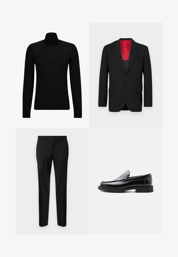 Sort blazer lavet af glat stof, der har en rød foring, to frontlommer og to knapper. Klippede slag tilføjer struktureret detalje.; Sort turtleneck sweater lavet af blødt materiale, med lange ærmer og en tætsiddende pasform. Ribbet trim ved kanten og manchetter. Simpelt design.; Sorte skræddersyede bukser lavet af glat stof, med lige ben, raffinerede folder og en klassisk talje med bæltestropper.; Sort læderloafer med chunky gummisål, syet overdel og præget mærkenavn på hælen, vist i sideprofil på hvid baggrund.
