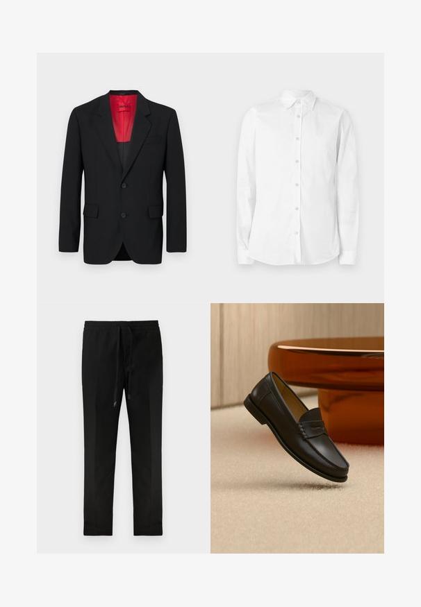 Blazer noir en tissu lisse, avec une doublure rouge, deux poches avant et deux boutons. Les revers crantés ajoutent un détail structuré.; Chemise blanche à manches longues avec boutons, fabriquée en coton. Comprend un col pointu et un petit logo brodé sur la poitrine. Texture lisse.; Pantalons noirs fuselés avec une taille élastique et un cordon de serrage. Tissu lisse, design minimal, sans poches visibles ni motifs.; Chaussure mocassin en cuir noir suspendue au-dessus d’un tapis beige avec du mobilier moderne couleur ambre en arrière-plan.