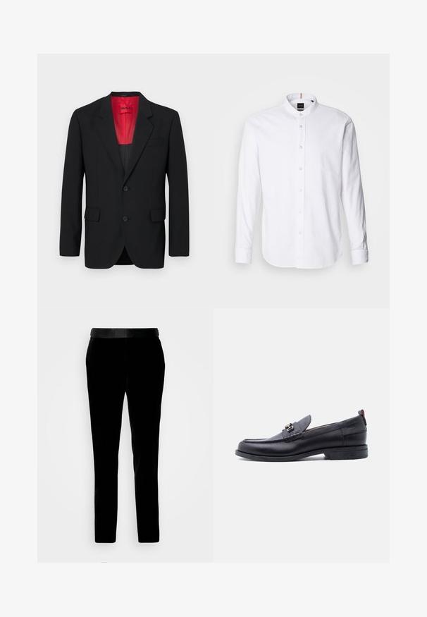 Čierny blazer vyrobený z hladkej tkaniny, s červenou podšívkou, dvoma prednými vreckami a dvoma gombíkmi. Klopové reverzy pridávajú štruktúrovaný detail.; Biela dlhá košeľa s dlhým rukávom, s band golierom, predným zapínaním na gombíky a zaobleným lemom. Vyrobená z bavlny, s hladkou textúrou a jemným leskom.; Čierne zamatové nohavice s upraveným strihom, hladkou textúrou a zodpovedajúcim pásom. Obsahujú rovné nohy a bočné vrecká.; Čierne kožené mokasíny so sivým štruktúrovaným priehlavkom, detailom so striebornou kovovou prackou, nízkym opätkom a pútkom vzadu.