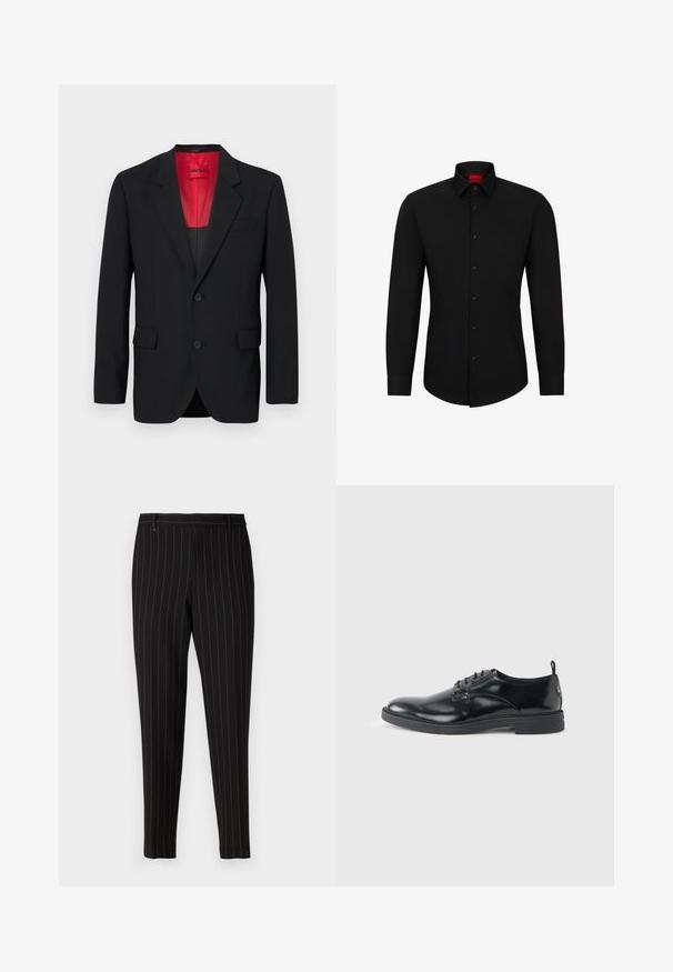 Čierny blazer vyrobený z hladkej tkaniny, s červenou podšívkou, dvoma prednými vreckami a dvoma gombíkmi. Klopové reverzy pridávajú štruktúrovaný detail.; Čierna košeľa s dlhým rukávom a zapínaním na gombíky, klasickým golierom a zaobleným lemom; obsahuje čierne gombíky a červené logo vo vnútri goliera.; Čierne nohavice s tenkými vertikálnymi prúžkami, elegantný strih, predné vrecká a pútka na opasok. Vyrobené z hladkej, štruktúrovanej tkaniny.; Lesklá čierna kožená spoločenská topánka s nízkym opätkom, šnurovaním a okrúhlou špičkou, zobrazená z boku na svetlom jednofarebnom pozadí.