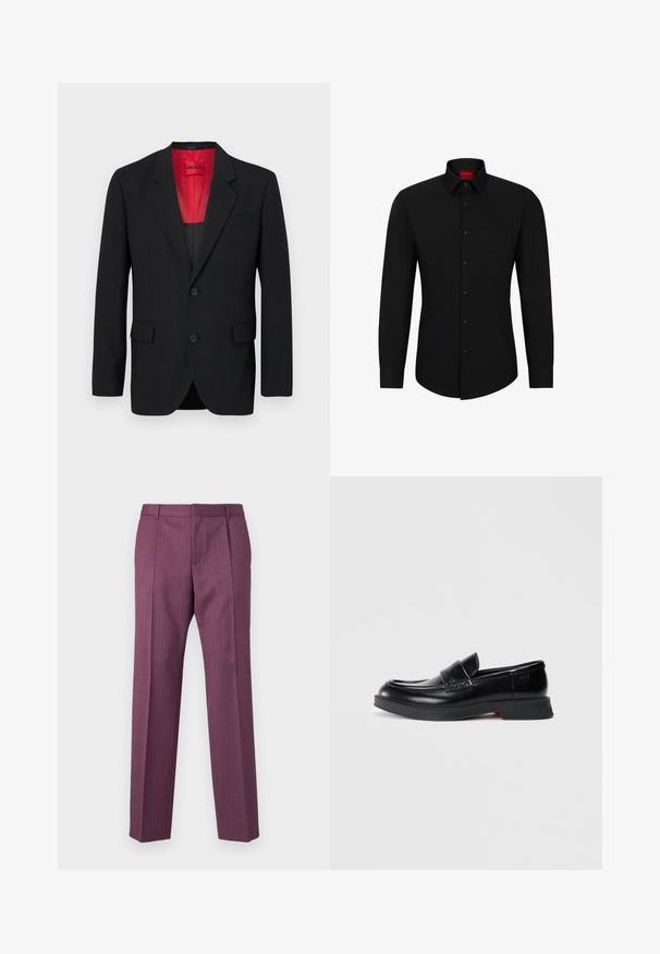 Schwarzer Blazer aus glattem Stoff, mit roter Fütterung, zwei Fronttaschen und zwei Knöpfen. Eingeschnittene Revers verleihen eine strukturierte Detail. ; Schwarzes Langarmhemd mit Knopfleiste, klassischem Kragen und abgerundetem Saum; verfügt über schwarze Knöpfe und ein rotes Logo im Kragen.; Lila, gestreifte Hose mit geraden Beinen, taillierter Passform und Fronttaschen. Hergestellt aus leichtem Material, mit Gürtelschlaufen und Bügelfalte.; Schwarze Leder-Lederhandschuhe mit einer glatten Oberfläche, ausgestattet mit einem erhöhten Vorderblatt und einem kontrastierenden roten Akzent auf der Sohle. Flache Gummisohle.