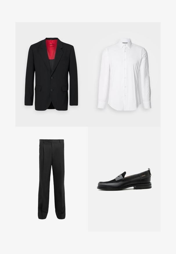 Blazer negro fabricado en tela suave, con un forro rojo, dos bolsillos frontales y dos botones. Las solapas con muesca aportan un detalle estructurado.; Camisa blanca de manga larga hecha de tejido suave, con un cuello clásico y diseño de botones en la parte delantera, con un dobladillo curved. Los botones tienen un acabado ligeramente brillante.; Pantalones negros con un diseño de pierna recta, que presentan pliegues, un cierre de un solo botón y trabillas para cinturón. Fabricados con una tela suave.; Mocasín de cuero negro con detalle de tira gris, tacón bajo y suela texturizada, con la marca "HUGO" en oro en el lateral.