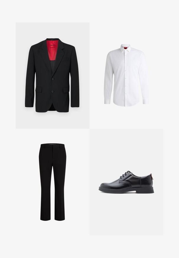 Zwarte blazer van soepel materiaal, met een rode voering, twee voorzakken en twee knopen. De gelapte revers voegen gestructureerd detail toe.; Witte overhemden van soepel materiaal met een klassieke kraag, lange mouwen en een afgeronde zoom. Voorzien van beige knopen aan de voorkant.; Zwarte op maat gemaakte broeken van gladde stof, met een recht model, riemlussen en voorzakken voor extra functionaliteit.; Zwarte leren veter schoenen met een gladde textuur, ronde neus en subtiel stiksel detail. Voorzien van een rode trekband op de hiel.