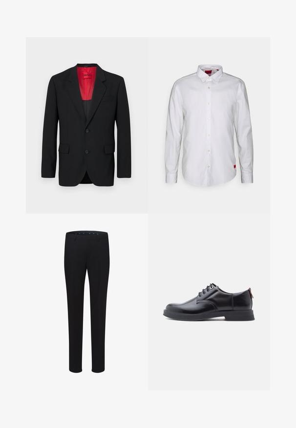 Schwarzer Blazer aus glattem Stoff, mit roter Fütterung, zwei Fronttaschen und zwei Knöpfen. Eingeschnittene Revers verleihen eine strukturierte Detail. ; Weiße Langarmbluse mit Button-Down-Kragen, aus leichtem Stoff gefertigt. Enthält ein dezentes Markenetikett in rot an der unteren Seite.; Schwarze maßgeschneiderte Hosen mit glatter Textur, geradem Bein und Gürtelschlaufen. Sie zeichnen sich durch einen klassischen Schnitt aus und haben keine sichtbaren Muster oder Akzente.; Schwarze Leder-Schnürschuhe mit glatter Textur, rundem Zehenbereich und dezenten Ziernähten. Mit einem roten Laschenband an der Ferse.