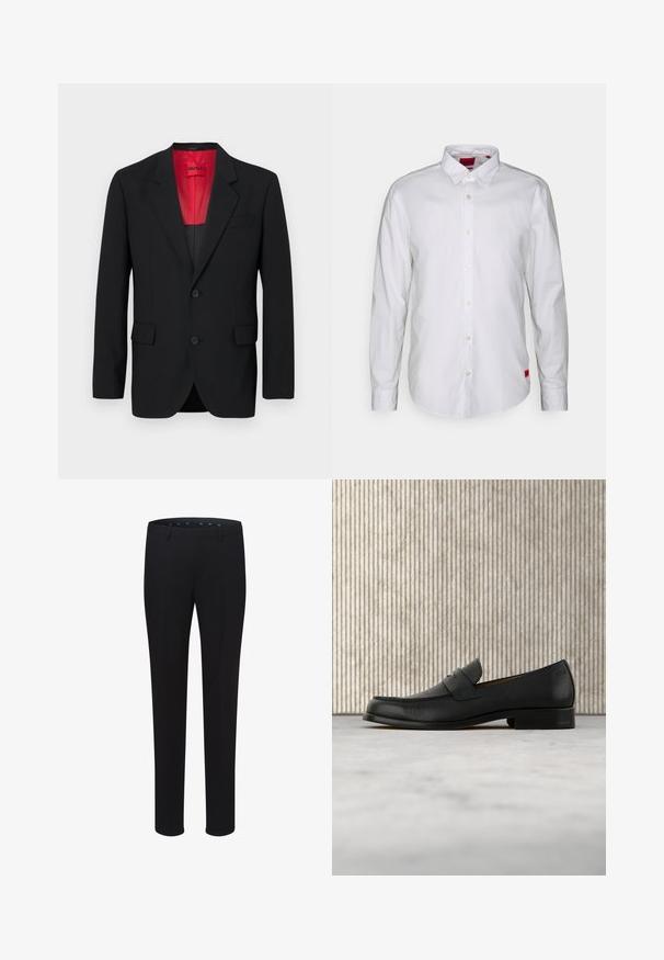 Blazer noir en tissu lisse, avec une doublure rouge, deux poches avant et deux boutons. Les revers crantés ajoutent un détail structuré.; Chemise blanche à manches longues avec un col boutonné, fabriquée en tissu léger. Présente une étiquette de marque discrète en rouge sur le bas.; Pantalons noirs ajustés avec une texture lisse, une coupe droite et des passants de ceinture. Présentent une coupe classique sans motifs ni accents visibles.; Mocassin en cuir noir flottant au-dessus d'un tapis beige avec une table ronde brune brillante en arrière-plan.