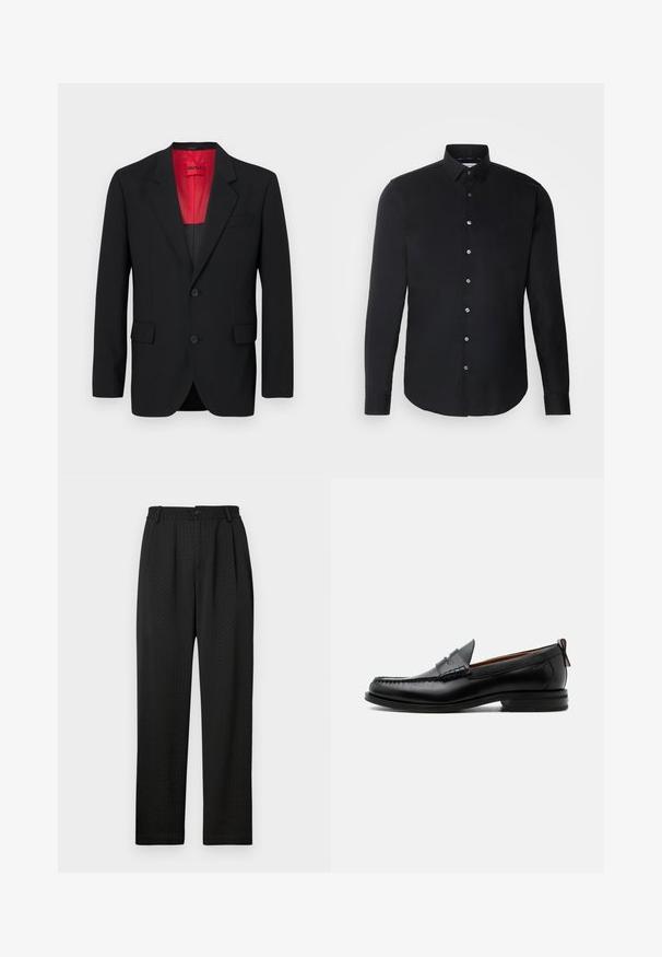 Čierny blazer vyrobený z hladkej tkaniny, s červenou podšívkou, dvoma prednými vreckami a dvoma gombíkmi. Klopové reverzy pridávajú štruktúrovaný detail.; Čierna košeľa s dlhým rukávom, button-down golierom, predným zapínaním na gombíky, rovnými okrajmi a hladkou textúrou; jemné logo na hrudi.; Čierne nohavice so štruktúrovaným vzorom, s širokým opaskom so zapínaním na gombík a prednými záhybmi pre upravený strih. Strih rovné nohavice.; Čierny kožený pánsky mokasín s prešitím moc toe, penny remienkom, textúrovaným golierom a nízkym vrstveným podpätkom na bielom pozadí.