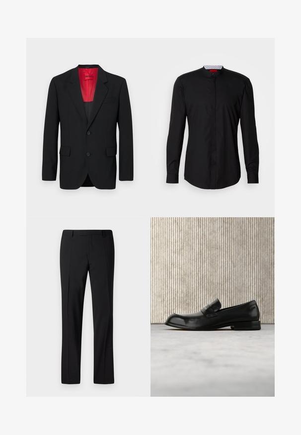Sort blazer lavet af glat stof, der har en rød foring, to frontlommer og to knapper. Klippede slag tilføjer struktureret detalje.; Sort langærmet skjorte med mandarin-krave, lavet af et glat stof, med knaplukning foran og diskrete designdetaljer.; Sorte skræddersyede bukser med lige ben, der har en glat overflade, plissee foran og en klassisk talje for et formelt udseende.; Sort læderloafer med metalaccent, vist svævende over et beige tæppe, med et rundt, ravfarvet bord i baggrunden.