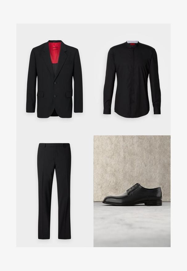 Schwarzer Blazer aus glattem Stoff, mit roter Fütterung, zwei Fronttaschen und zwei Knöpfen. Eingeschnittene Revers verleihen eine strukturierte Detail. ; Schwarzes Langarmhemd mit Stehkragen, aus glattem Stoff gefertigt, mit durchgehender Knopfleiste und subtilen Designdetails.; Schwarze, maßgeschneiderte Hose mit geradem Bein, ausgestattet mit einer glatten Textur, gefaltetem Vorderteil und einem klassischen Bund für ein formelles Erscheinungsbild.; Schwarze Leder-Dressschuhe mit einer runden Zehenpartie, glatter Oberfläche, minimalen Nähten und flacher Sohle mit dezentem Branding an der Ferse.