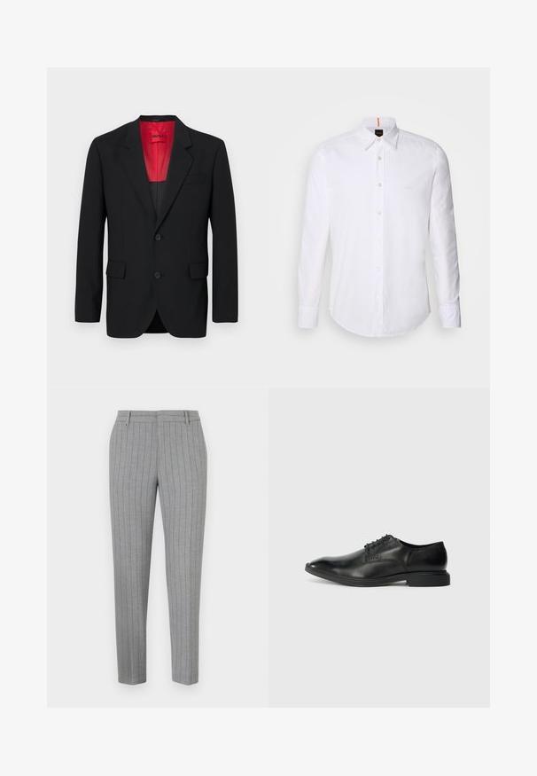 Schwarzer Blazer aus glattem Stoff, mit roter Fütterung, zwei Fronttaschen und zwei Knöpfen. Eingeschnittene Revers verleihen eine strukturierte Detail. ; Weiße langärmlige Button-Down-Hemd aus Baumwolle, mit klassischem Kragen, subtiler Logo-Detailierung auf der Brust und weißen Knöpfen.; Graue Nadelstreifenhose mit tailliertem Schnitt, flacher Front und Seitentaschen. Hergestellt aus einem glatten Stoff mit einem dezenten Glanz.; Schwarze Lederdressschuhe mit glatter Textur, spitzer Zehenform, sechs Ösen-Schnürdesign und niedrigem rechteckigem Absatz. Dezentes Branding-Detail an der Seite.