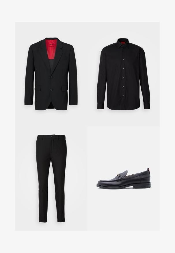 Blazer negro fabricado en tela suave, con un forro rojo, dos bolsillos frontales y dos botones. Las solapas con muesca aportan un detalle estructurado.; Camisa negra de manga larga hecha de una tela suave, con un cuello clásico con tapa, cierre frontal de botones y un ajuste entallado.; Pantalones negros de corte ajustado, con cierre de botón, cremallera y dos bolsillos frontales. Tejido suave con un acabado mate.; Mocasín de cuero negro con empeine gris texturizado, detalle de hebilla metálica plateada, tacón bajo y lengüeta para tirar en la parte trasera.
