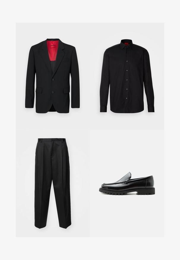 Blazer noir en tissu lisse, avec une doublure rouge, deux poches avant et deux boutons. Les revers crantés ajoutent un détail structuré.; Chemise noire à manches longues en tissu lisse, avec un col classique, un fermeture à boutons à l'avant et une coupe ajustée.; Pantalon noir ajusté avec taille haute, jambes larges et plis marqués. Fabriqué dans un tissu lisse avec passants de ceinture et sans quincaillerie visible.; Mocassin en cuir noir avec semelle en caoutchouc épaisse, dessus cousu et nom de marque embossé sur le talon, présenté de profil sur fond blanc.