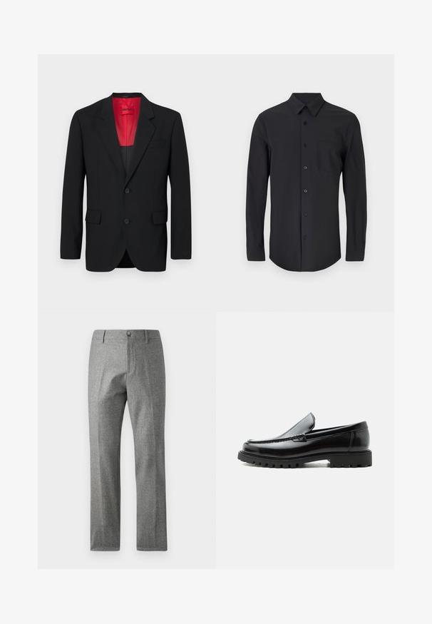 Čierny blazer vyrobený z hladkej tkaniny, s červenou podšívkou, dvoma prednými vreckami a dvoma gombíkmi. Klopové reverzy pridávajú štruktúrovaný detail.; Čierna dlhá košeľa s hladkou tkaninou, klasickým golierom, zapínaním na gombíky a náprsné vrecko na ľavej strane.; Sivé textúrované nohavice so strihom rovného nohavicu, s predným zapínaním na gombík a zips. Jemný detail vzoru rybacej kosti.; Čierny kožený mokasín s hrubou gumovou podrážkou, prešitý zvršok a vyrazeným názvom značky na päte, zobrazený z bočného profilu na bielom pozadí.
