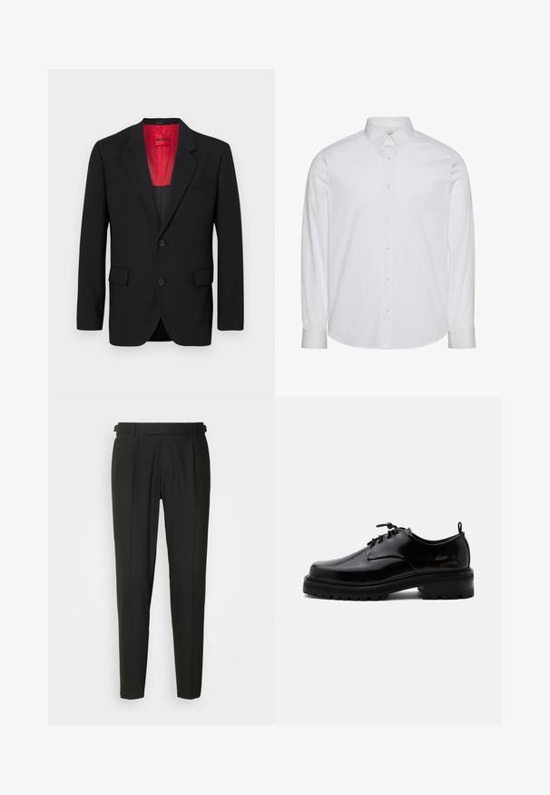 Čierny blazer vyrobený z hladkej tkaniny, s červenou podšívkou, dvoma prednými vreckami a dvoma gombíkmi. Klopové reverzy pridávajú štruktúrovaný detail.; Biela košeľa s dlhým rukávom na gombíky, vyrobená z bavlny. Má štandardný golier, predný pás so gombíkmi a zaoblený spodok. Jemné logo značky.; Čierne upravené nohavice s plochým predným dielom, dvoma záhybmi, pútkami na opasok a rovným strihom. Vyrobené z hladkej, ľahkej tkaniny.; Čierna leštená kožená šnurovacia obuv s hrubou gumovou podrážkou a nízkym podpätkom, bočný nápis značky "SAMSOE" a zadné ťahadlo.