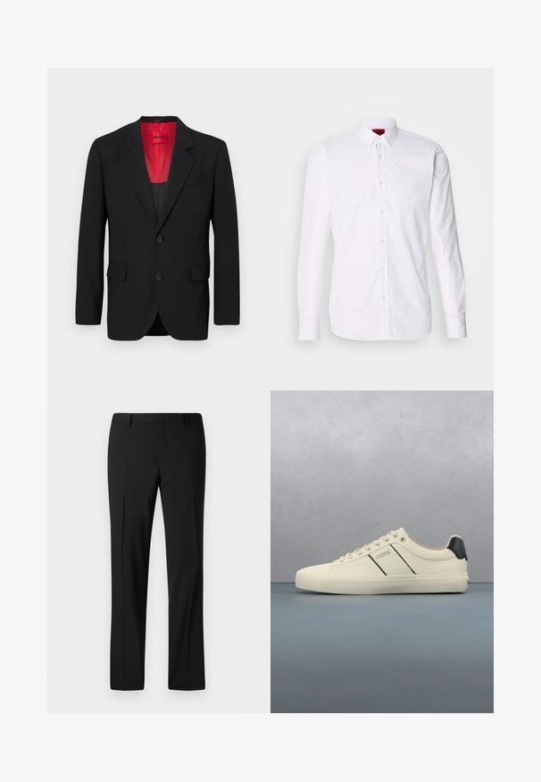 Čierny blazer vyrobený z hladkej tkaniny, s červenou podšívkou, dvoma prednými vreckami a dvoma gombíkmi. Klopové reverzy pridávajú štruktúrovaný detail.; Biela košeľa s dlhým rukávom a gombíkmi, ktorá má klasický golier, predný priehľad so gombíkmi a hladkú bavlnenú textúru.; Čierne prispôsobené nohavice so strihom rovného nohy, s hladkou textúrou, preloženým predným dielom a klasickým pásom pre formálny vzhľad.; Krémové tenisky s hladkou textúrou, s čiernymi akcentmi a brandingom. Klasický štýl so šnurovaním, guľatou špičkou a gumovou podrážkou.