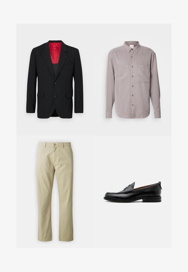 Blazer noir en tissu lisse, avec une doublure rouge, deux poches avant et deux boutons. Les revers crantés ajoutent un détail structuré.; Chemise à manches longues à boutons en tissu gris muted, avec deux poches poitrine, un col classique et des fermetures à boutons ton sur ton.; Pantalon en coton beige avec une coupe droite, fermeture à bouton sur le devant et passants de ceinture. Texture lisse, sans motifs ou accents visibles.; Mocassin homme en cuir noir avec couture moc toe, bride penny, col texturé et petit talon empilé sur fond blanc.
