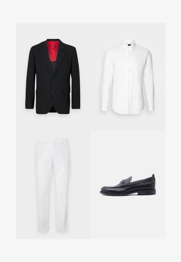 Čierny blazer vyrobený z hladkej tkaniny, s červenou podšívkou, dvoma prednými vreckami a dvoma gombíkmi. Klopové reverzy pridávajú štruktúrovaný detail.; Biela košeľa s dlhým rukávom, zapínanie na gombíky, klasický golier, vyrobená z hladkej látky s jemnou textúrou, navrhnutá pre priliehavý vzhľad.; Biele slim-fit nohavice s pútkami na opasok a bočnými vreckami, zobrazené rozložené na svetlom pozadí.; Čierne kožené mokasíny so sivým štruktúrovaným priehlavkom, detailom so striebornou kovovou prackou, nízkym opätkom a pútkom vzadu.
