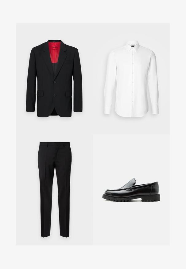 Blazer negro fabricado en tela suave, con un forro rojo, dos bolsillos frontales y dos botones. Las solapas con muesca aportan un detalle estructurado.; Camisa blanca de manga larga, con cierre de botones en el frente, cuello clásico, confeccionada con una tela suave con una textura sutil, diseñada para un ajuste entallado.; Pantalones negros de corte ajustado, hechos de una tela suave, con pernera recta, detalles de pinzas refinadas y una cinturilla clásica con ojales para cinturón.; Mocasín de cuero negro con suela de goma gruesa, empeine cosido y nombre de la marca en relieve en el talón, mostrado en perfil lateral sobre fondo blanco.