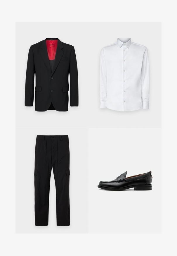Blazer negro fabricado en tela suave, con un forro rojo, dos bolsillos frontales y dos botones. Las solapas con muesca aportan un detalle estructurado.; Camisa blanca de manga larga hecha de tela suave, con un cuello clásico, tapeta de botones y puños con botones, presentada sobre un fondo liso.; Pantalones cargo negros hechos de tejido ligero, con un diseño de pierna recta, pliegues delanteros, bolsillos laterales y cierre de botón.; Mocasín de hombre de piel negra con costura moc toe, tira penny, cuello texturizado y tacón bajo apilado sobre fondo blanco.
