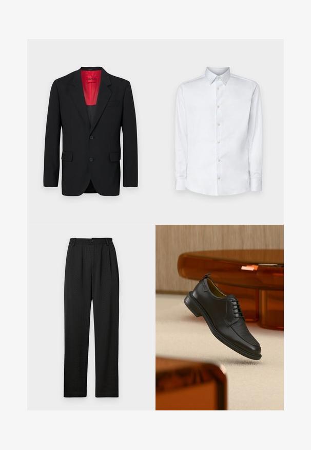 Blazer negro fabricado en tela suave, con un forro rojo, dos bolsillos frontales y dos botones. Las solapas con muesca aportan un detalle estructurado.; Camisa blanca de manga larga hecha de tela suave, con un cuello clásico, tapeta de botones y puños con botones, presentada sobre un fondo liso.; Pantalones negros con un patrón texturizado, que presentan una cintura ancha con un botón y pliegues delanteros para un ajuste entallado. Diseño de pierna recta.; Zapato de vestir negro de piel con cordones y parte delantera texturizada, flotando sobre una alfombra beige en una habitación moderna con muebles de tono ámbar.