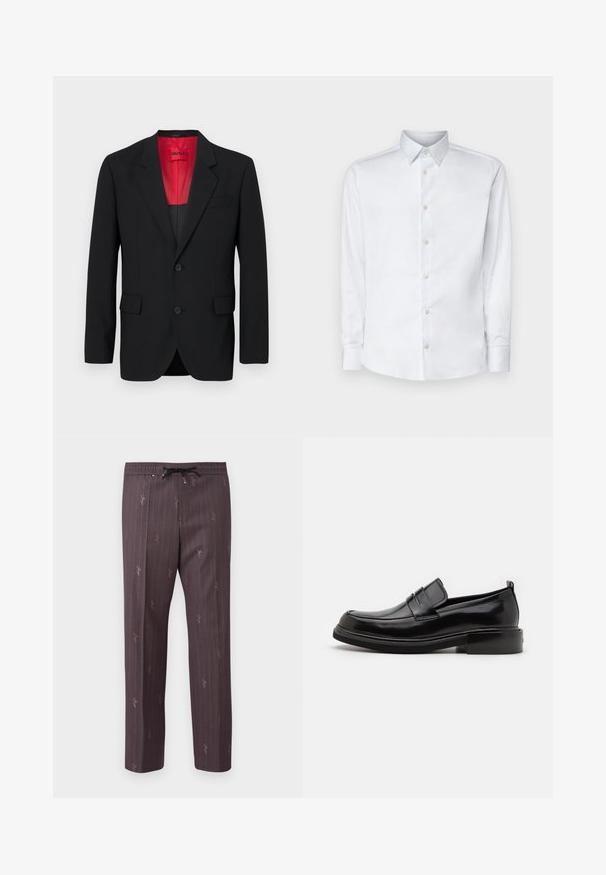 Sort blazer lavet af glat stof, der har en rød foring, to frontlommer og to knapper. Klippede slag tilføjer struktureret detalje.; Hvid langærmet skjorte lavet af glat stof, med en klassisk krave, knaplukning og manchetter med knapper, vist på en ensfarvet baggrund.; Elastisk taljebukser i mørk lilla med lodrette striber og subtile trykte detaljer. Let materiale med en afslappet pasform.; Calvin Klein MOCCASIN - Business loafers - black