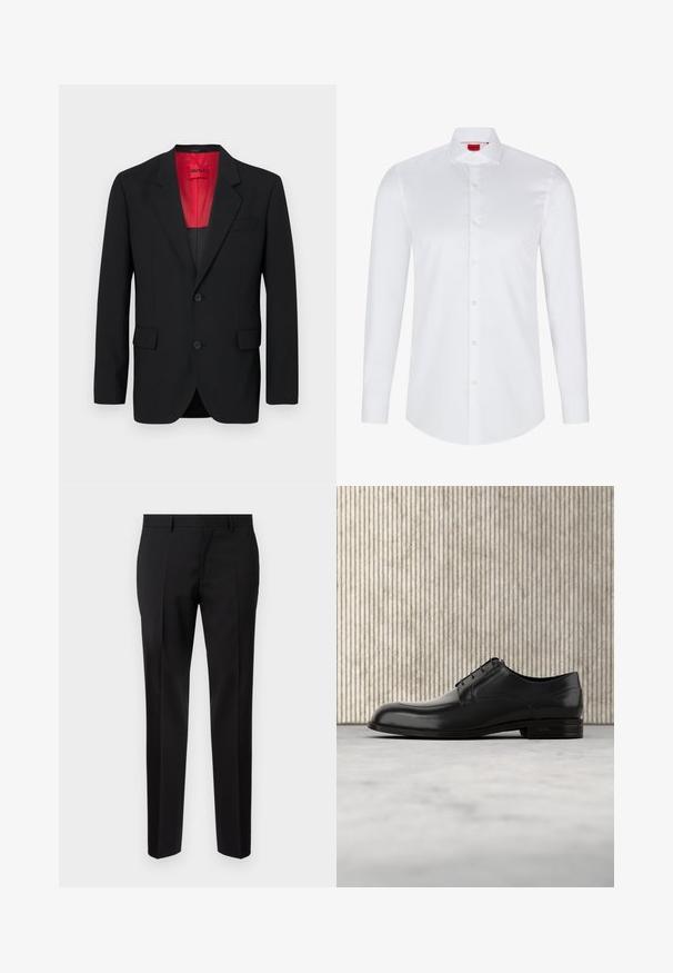 Sort blazer lavet af glat stof, der har en rød foring, to frontlommer og to knapper. Klippede slag tilføjer struktureret detalje.; Hvid langærmet skjorte med knaplukning lavet af glat bomuld. Har en klassisk krave, fuld knaplukning og afrundet nederkant.; Sorte skræddersyede bukser lavet af glat stof, med lige ben, raffinerede folder og en klassisk talje med bæltestropper.; Sorte læderherresko med rund tæer, glat tekstur, minimale sømme og en flad sål med diskret branding på hælen.
