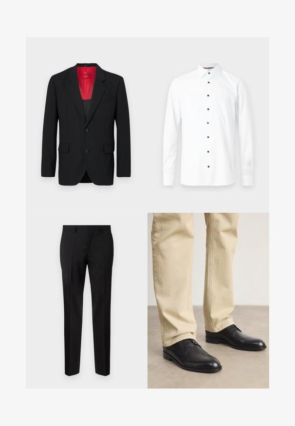 Schwarzer Blazer aus glattem Stoff, mit roter Fütterung, zwei Fronttaschen und zwei Knöpfen. Eingeschnittene Revers verleihen eine strukturierte Detail. ; Weißes Hemd mit langen Ärmeln, schwarzen Knöpfen, spitzem Kragen und geknöpften Manschetten auf hellem grauem Hintergrund.; Schwarze maßgeschneiderte Hosen aus glattem Stoff, mit geradem Bein, feinen Bügelfalten und einem klassischen Bund mit Gürtelschlaufen.; Schwarze Leder Schnürschuhe mit runder Zehenform, glatter Oberfläche und dezenten Nähdetails, getragen mit hellbeigen Hosen.