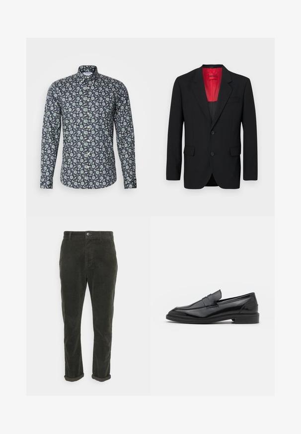 Zwarte blazer van soepel materiaal, met een rode voering, twee voorzakken en twee knopen. De gelapte revers voegen gestructureerd detail toe.; Langsleeve button-up shirt in marineblauw met een bloemenpatroon in groen en wit. Beschikt over een klassieke kraag en een gladde stofstructuur.; Donkergroene corduroy broek met een rechte snit, voorzien van een knoopsluiting en opgerolde mouwen. De stof heeft een gestructureerd ribbelpatroon.; Zwarte leren instappers met een gladde afwerking, voorzien van een ronde neus en een smalle band over de bovenkant. Lage gestapelde hak.