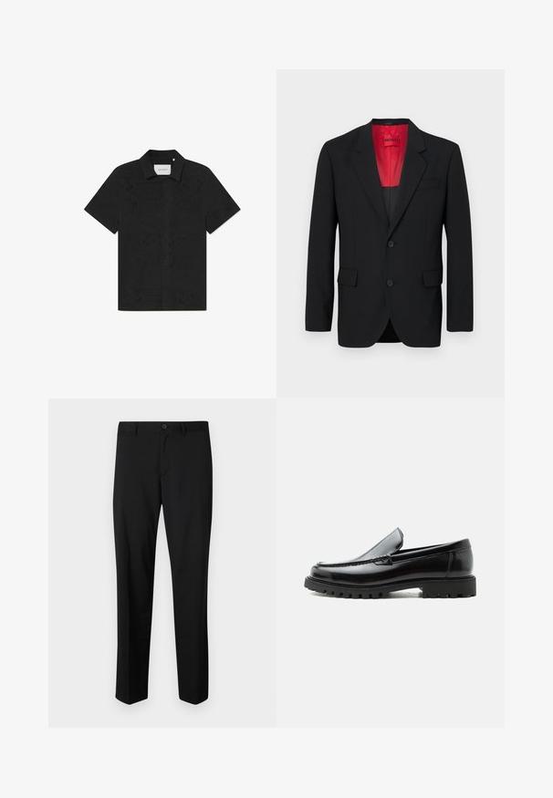 Zwarte blazer van soepel materiaal, met een rode voering, twee voorzakken en twee knopen. De gelapte revers voegen gestructureerd detail toe.; Zwarte shirt met korte mouwen gemaakt van ademend materiaal, met ingewikkelde uitsnijdingen en een knoopsluiting aan de voorkant.; Zwarte op maat gemaakte broek met een platte voorkant, standaard taille en rechte pijpen. Gemaakt van een gladde stof, met een enkele knoopsluiting.; Zwarte leren loafer met dikke rubberen zool, gestikte bovenkant en gegraveerde merknaam op de hiel, zijaanzicht op witte achtergrond.