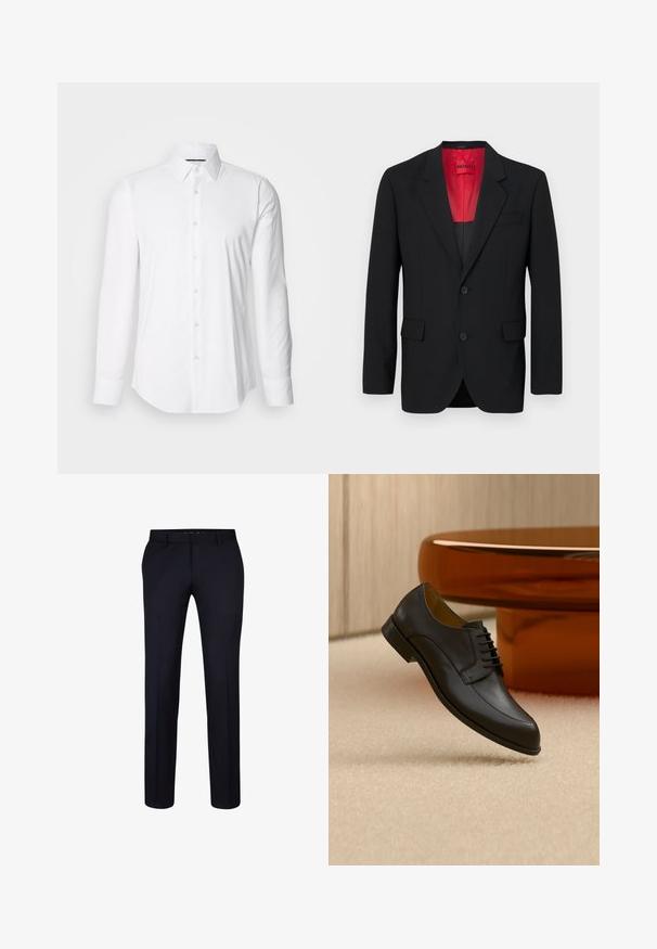 Sort blazer lavet af glat stof, der har en rød foring, to frontlommer og to knapper. Klippede slag tilføjer struktureret detalje.; Hvid langærmet skjorte lavet af glat stof, med klassisk krave og knap-front design samt en buet kant. Knapperne er diskret blanke.; BOSS H WENTEN B1 - Habitbukser - dark blue; Sort læder snøresko, der svæver over beige tæppe med et rundt orange bord i baggrunden.