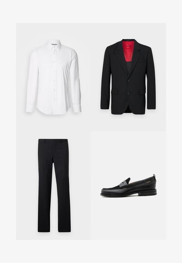 Sort blazer lavet af glat stof, der har en rød foring, to frontlommer og to knapper. Klippede slag tilføjer struktureret detalje.; Hvid langærmet skjorte lavet af glat stof, med klassisk krave og knap-front design samt en buet kant. Knapperne er diskret blanke.; Sorte skræddersyede bukser med et lige ben design, skarpe folder og en glat overflade. Fremstillet af letvægtsstof med en ren talje.; Sort læderloafer med grå remdetalje, lav hæl og tekstureret sål, mærket med "HUGO" i guld på siden.