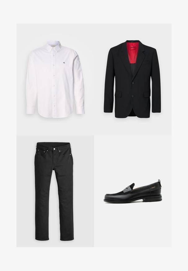 Schwarzer Blazer aus glattem Stoff, mit roter Fütterung, zwei Fronttaschen und zwei Knöpfen. Eingeschnittene Revers verleihen eine strukturierte Detail. ; Weißes Baumwollhemd mit klassischem Kragen, langen Ärmeln und kleinem CK-Logo auf der linken Brust. Glatte Textur.; Schwarze Jeanshose mit geradem Bein, ausgestattet mit einem Reißverschluss, fünf Taschen und Metallknopf-Akzenten. Glatte Textur.; Schwarzer Lederloafer mit grauem Riemendetail, niedrigem Absatz und strukturierter Sohle, seitlich mit „HUGO“ in Gold gebrandmarkt.