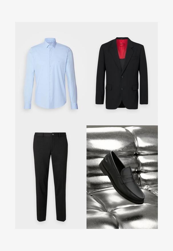 Blazer negro fabricado en tela suave, con un forro rojo, dos bolsillos frontales y dos botones. Las solapas con muesca aportan un detalle estructurado.; Camisa de botones azul claro hecha de algodón, con un cuello clásico, mangas largas y un pequeño logotipo en el pecho. Textura suave.; Pantalones negros fabricados con una tela suave. Tienen un corte recto, un frente plano y un cierre de botón con un diseño sencillo en la cintura.; Mocasines de cuero negro con una textura suave, que presentan detalles de costura y un diseño clásico, mostrados sobre un fondo metálico y brillante.