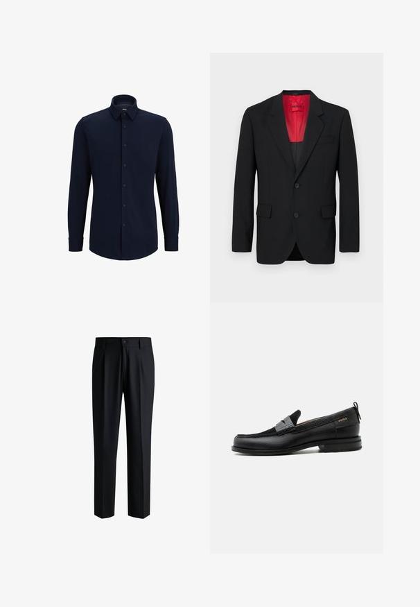 Čierny blazer vyrobený z hladkej tkaniny, s červenou podšívkou, dvoma prednými vreckami a dvoma gombíkmi. Klopové reverzy pridávajú štruktúrovaný detail.; Námornícka košela s dlhým rukávom na gombíky z tkaninovej látky, s klasickým golierom, rovnými strihom a predným uzáverom na gombíky.; Čierne nohavice vyrobené z hladkej tkaniny, s rovnými nohavicami, záhybmi vpredu a zapínaním na gombík s pútkami na opasok.; Čierny kožený mokasín so sivým remienkom, nízkym podpätkom a textúrovanou podrážkou, so značkou "HUGO" v zlatej farbe na boku.