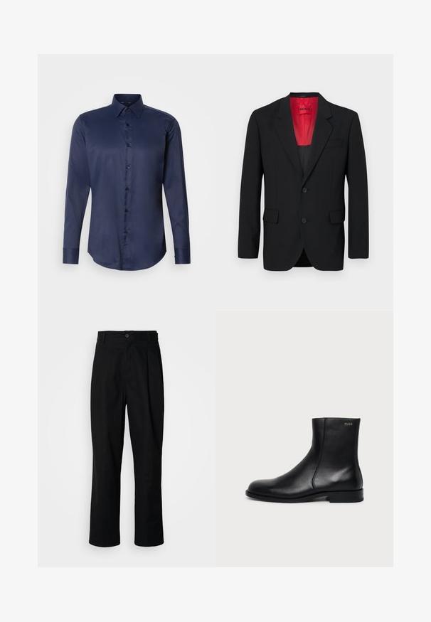 Čierny blazer vyrobený z hladkej tkaniny, s červenou podšívkou, dvoma prednými vreckami a dvoma gombíkmi. Klopové reverzy pridávajú štruktúrovaný detail.; Tmavomodrá pánska košeľa s dlhým rukávom a špicatým golierom, s predným zapínaním na gombíky, vystavená na jednofarebnom bielom pozadí.; Čierne nohavice s rovnými nohavicami, s gombíkovým pásom, pútkami na opasok a predným záhybom, vystavené na jednoduchej bielej pozadí.; Čierna kožená členková čižma s nízkym podpätkom, bočným prešitím a malým logom "HUGO" na hornom manžete na jednofarebnom pozadí.