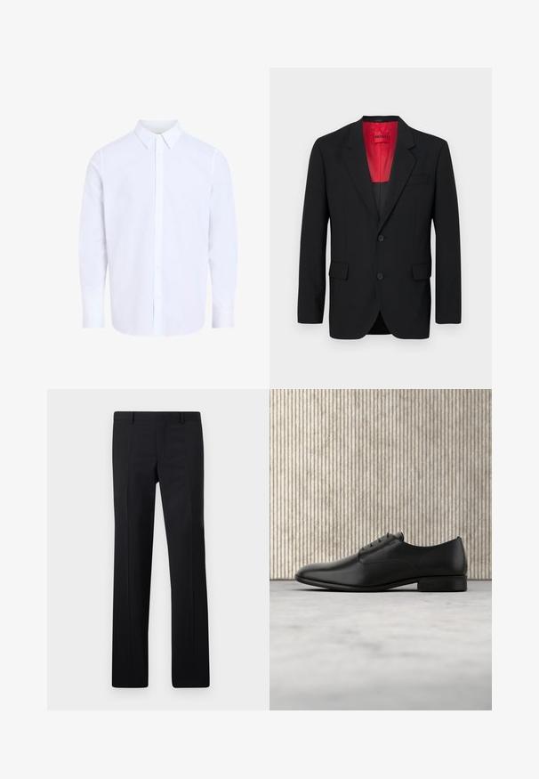 Mustast blazers, mis on valmistatud siledast kangast, punase voodriga, kahe esitasku ja kahe nööbiga. Nurgelised kraed annavad struktureeritud detaili.; Valge triiksärk pika varrukaga, klassikalise kraega, valmistatud sileda kangaga, esiküljel nööpidega ja ümarate servadega.; Mustad kohandatud püksid sirge lõikega, teravate voldikutega ja siledast viimistlusest. Valmistatud kerge kangaga, millel on puhas vöökoht.; Must musta kingad sujuva disainiga, ümar toe, viie silmaga paelte jaoks ja väike tõusnud konts. Diskreetne embossed logo detail.